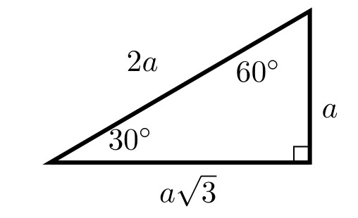 30-60-90 triangle with short leg a, long leg a times square root of 3, and hypotenuse 2a.