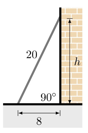 Right triangle showing a ladder leaning against a brick wall. The ladder forms the hypotenuse of length 20 feet, the horizontal distance from the wall is 8 feet, and the height h is unknown.
