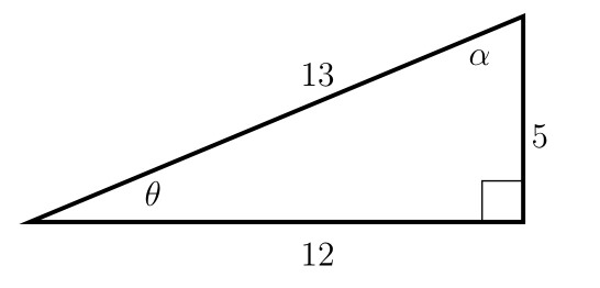 Right triangle with hypotenuse 13, vertical leg 5, horizontal leg 12, angle theta at bottom left, and angle alpha at top.