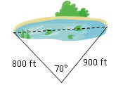 Diagram showing lake with two sides measuring 800 ft and 900 ft with 70° angle between them