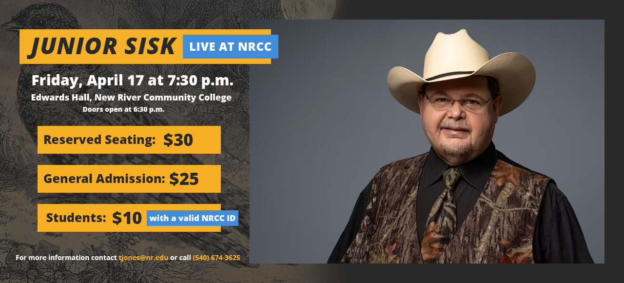 Junior Sisk live at NRCC april 17 at 7:30p.m.